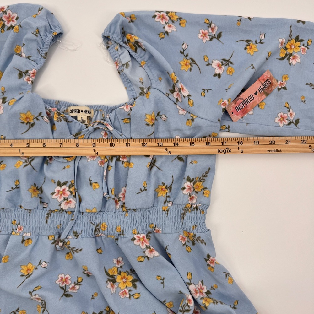 Inspired Hearts Blue Floral Long Sleeve Romper Dress Smocked Tie Women's Size L - Picture 9 of 11